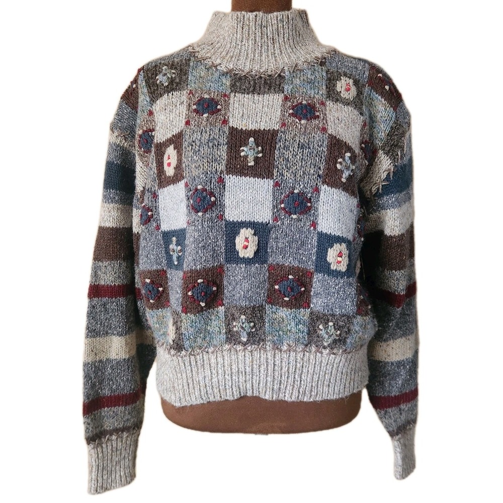 Vintage Limited Wool Blend Cropped Sweater Size S Check Floral Colorful  Women's
